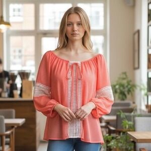 Haze Swiss Dot Sheer Lace Blouse Women Small Orange Boho Lightweight Cottagecore